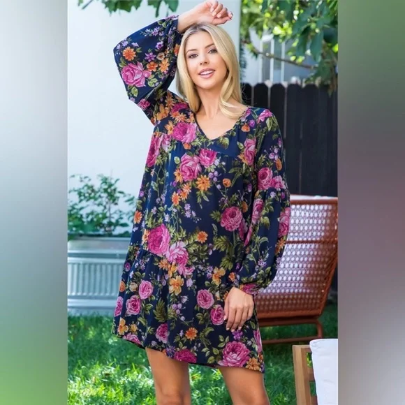 LARGE NAVY BLUE FLORAL LONG SLEEVE DRESS - Picture 1 of 5